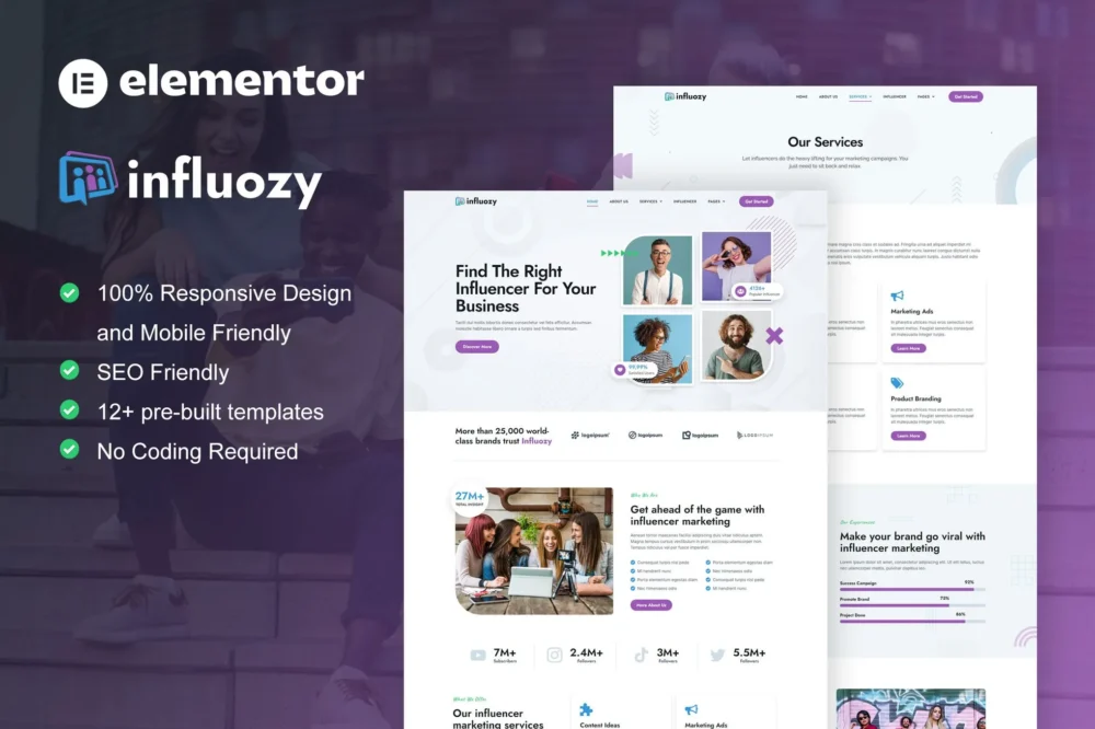 Influozy - Influencer Marketing Agency Elementor Pro Template Kit Influozy - Influencer Marketing Agency Elementor Pro Template Kit